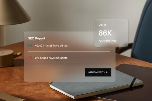 A digital SEO report overlay on a desk scene showing a lamp, notebooks, and a chair. The report highlights that 42 out of 42 images have alt text, 2 out of 5 pages have metadata, and site visits total 86K with a +22% month-over-month increase. A button labeled ’IMPROVE WITH AI’ is shown.