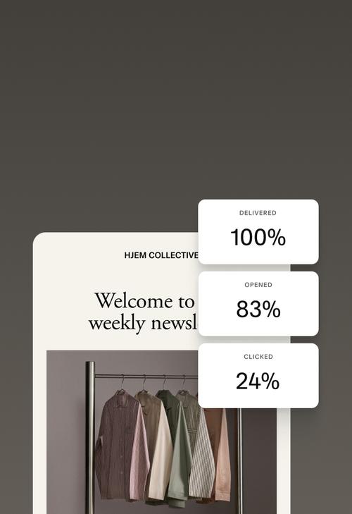 A sample newsletter sent with three stats shown on top: 100% delivered, 83% opened, and 24% clicked.