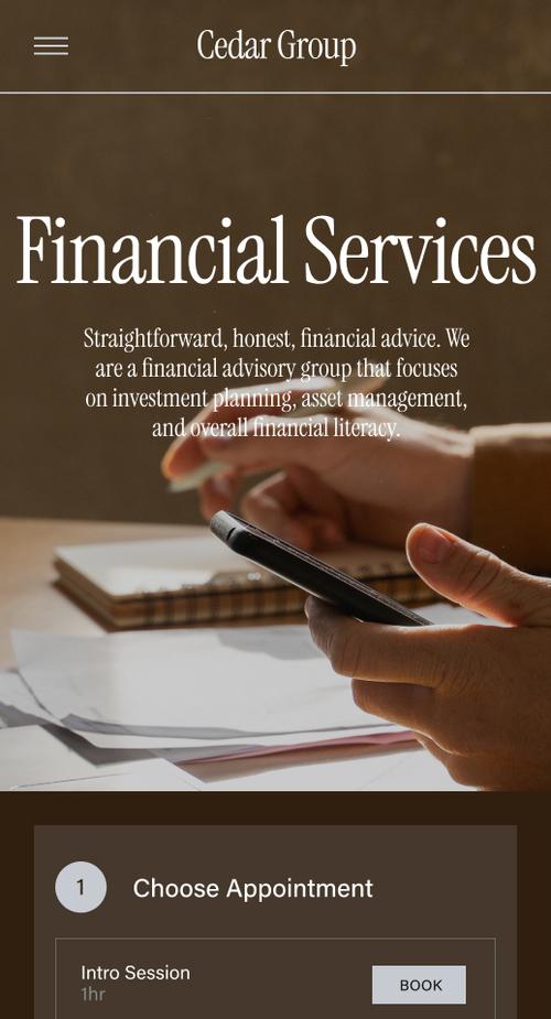 Scheduling homepage featuring appointment scheduling interface and preview of a client financial services website