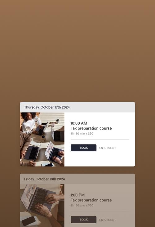 Booking interface for a tax preparation course.