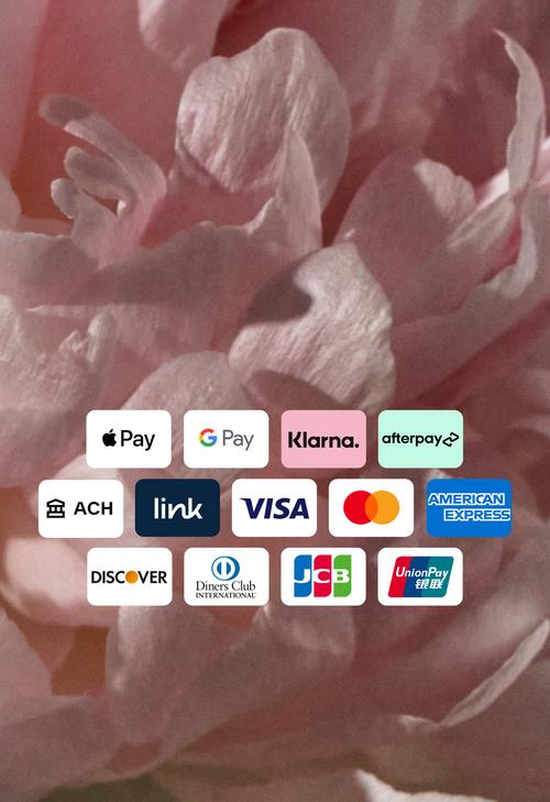 Aggregate of payment method options: Apple Pay, Klarna, afterpay, ACH, link, VISA, Mastercard, American Express, Discover, Diners Club International, JCB, Union Pay