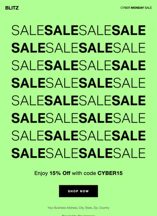 An email template with a typographic design repeating the word "Sale" along with a discount code and a "Shop now" button.